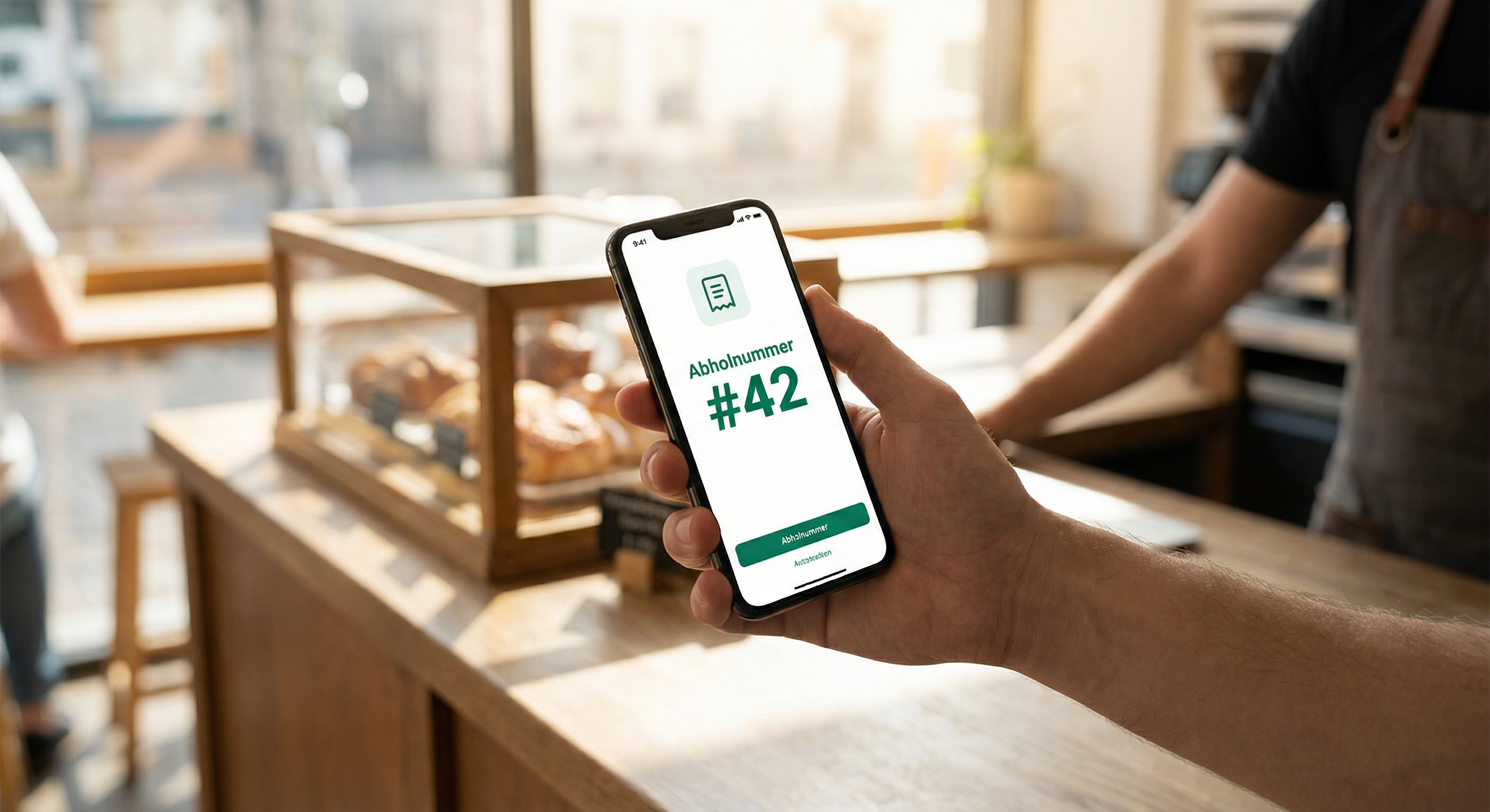 Kunde zeigt an der Theke die App mit der Abholnummer